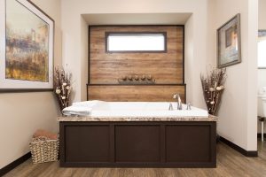 Displaying dining area with connected kitchen layout