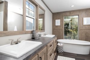 Displaying Isabella farmhouse master bath with modern fixtures
