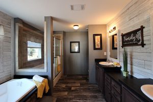 Displaying rustic double wide master bath with large pantry