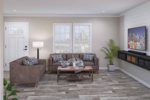 Featuring comfortable mobile home dining and kitchen combination